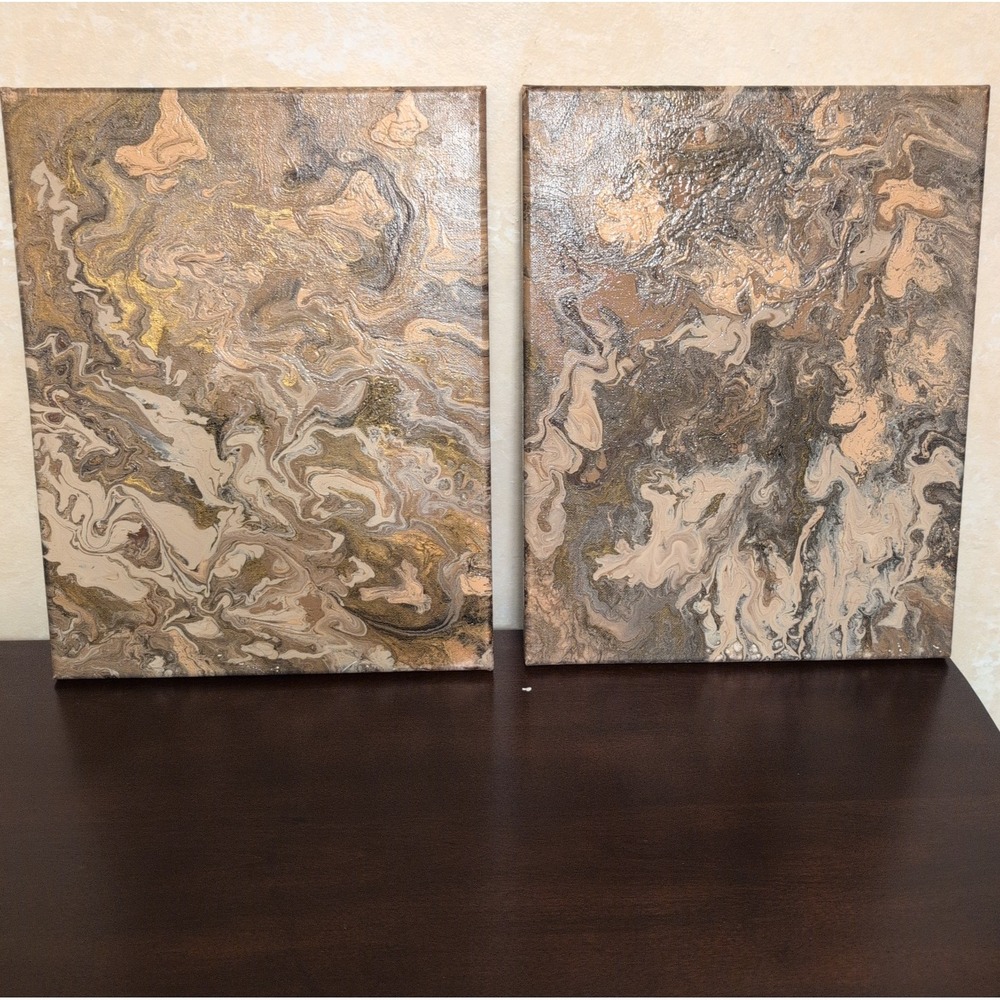 Set 2 Abstract Marble Acrylic Pour Canvas Paintings  Earth Tone Swirl Wall Art